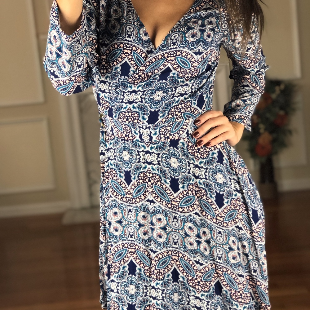 Express Geometric Wrap Dress, Multicolor, XS